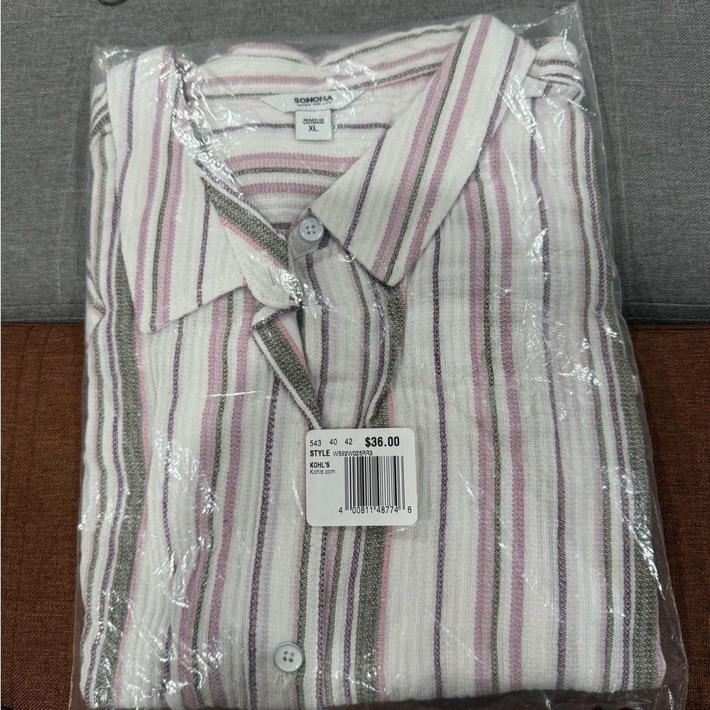 NWT Sonoma woman’s Casual Striped Shirt - White, Pink, and Gray